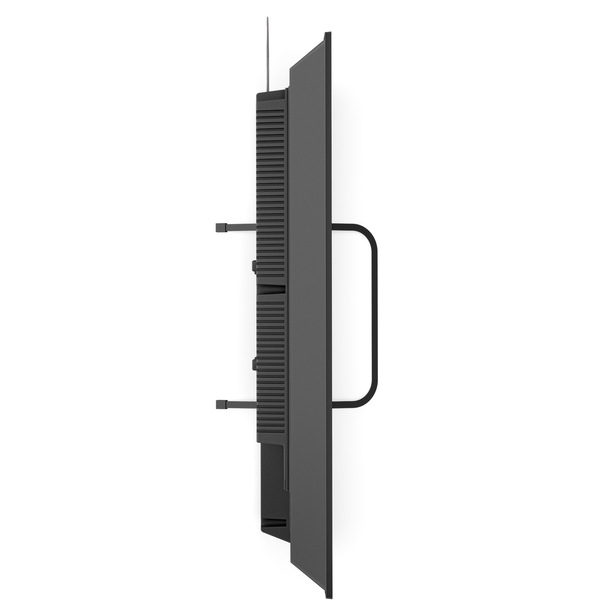 Schwarzes, flaches elektronisches Gerät mit Griff und Antenne, von der Seite gesehen.