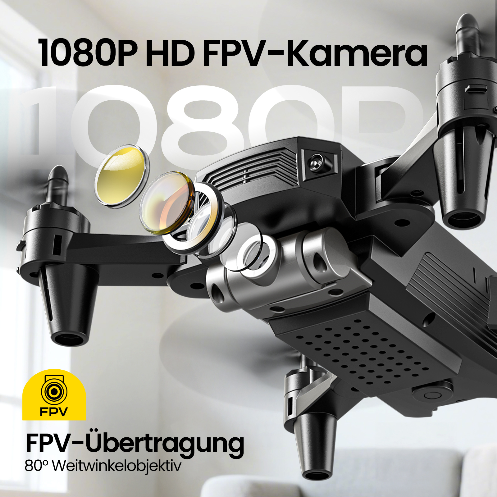 Schwarze Drohne mit 1080p HD FPV-Kamera und 80° Weitwinkelobjektiv.