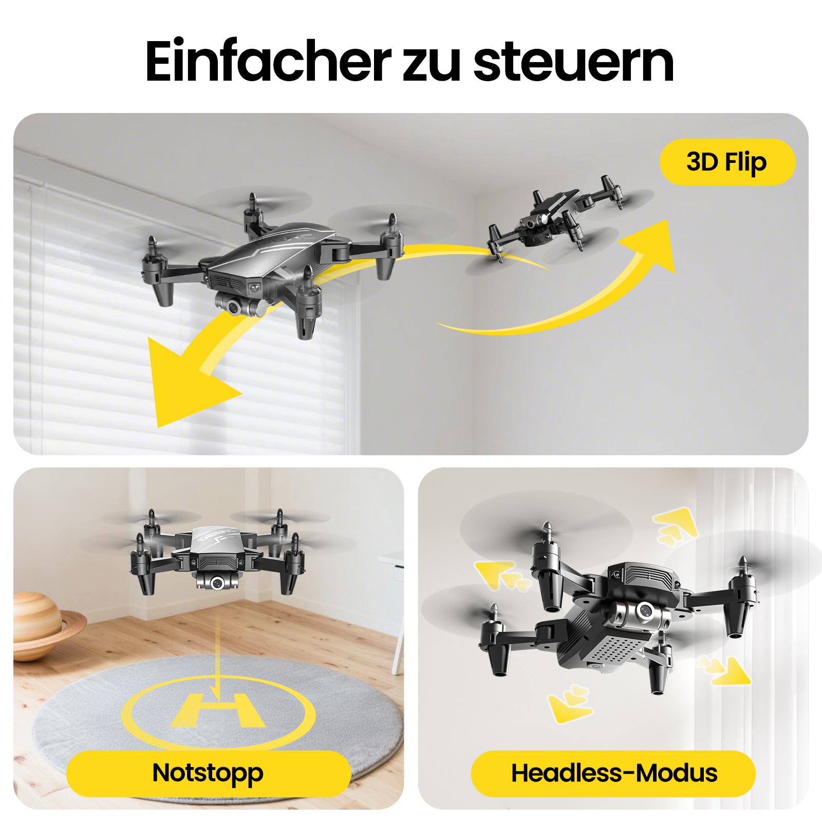 Drei Drohnen-Funktionen: 3D Flip, Not-Stopp und Headless-Modus.