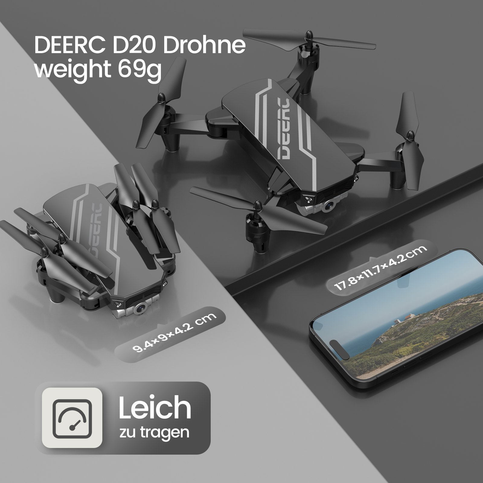 Schwarze Drohne mit zusammengeklappten und ausgeklappten Flügeln, neben einem Smartphone.