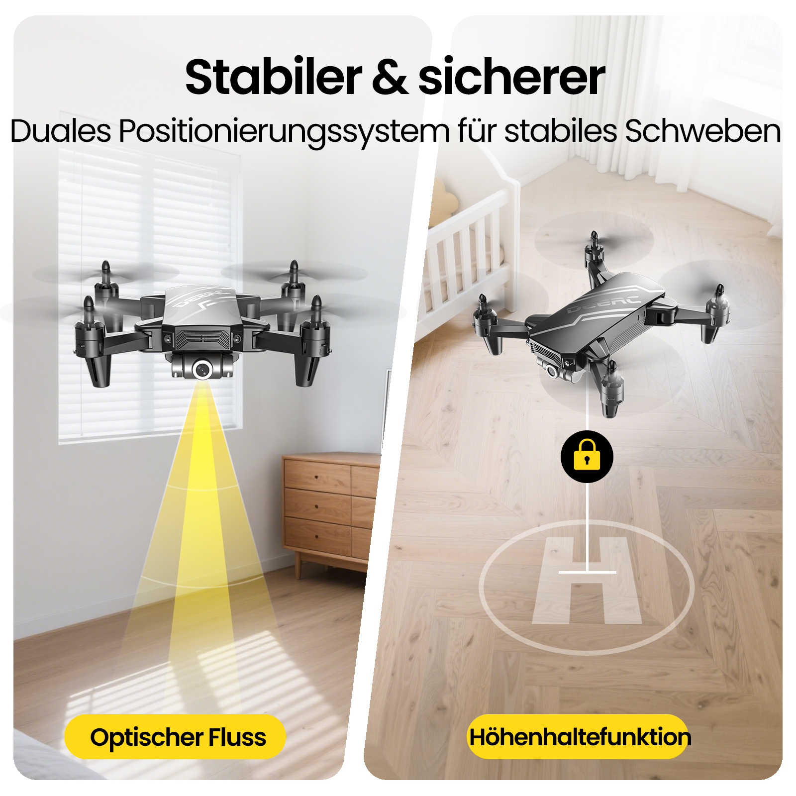 Zwei Drohnen werden gezeigt: eine mit optischem Fluss, die andere mit Höhenhaltefunktion.