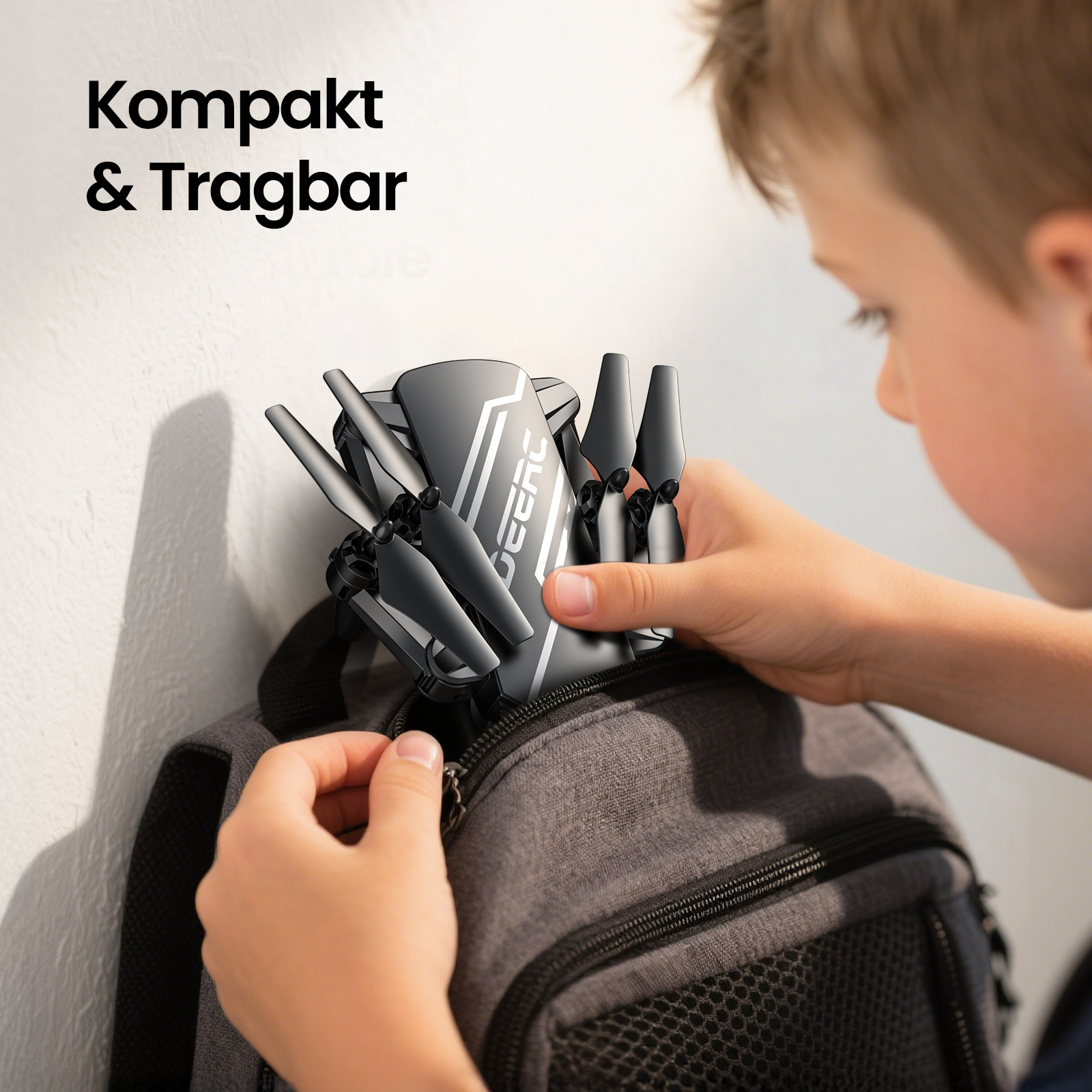 Ein Junge packt eine kleine, graue Drohne in einen grauen Rucksack. Kompakt & Tragbar.