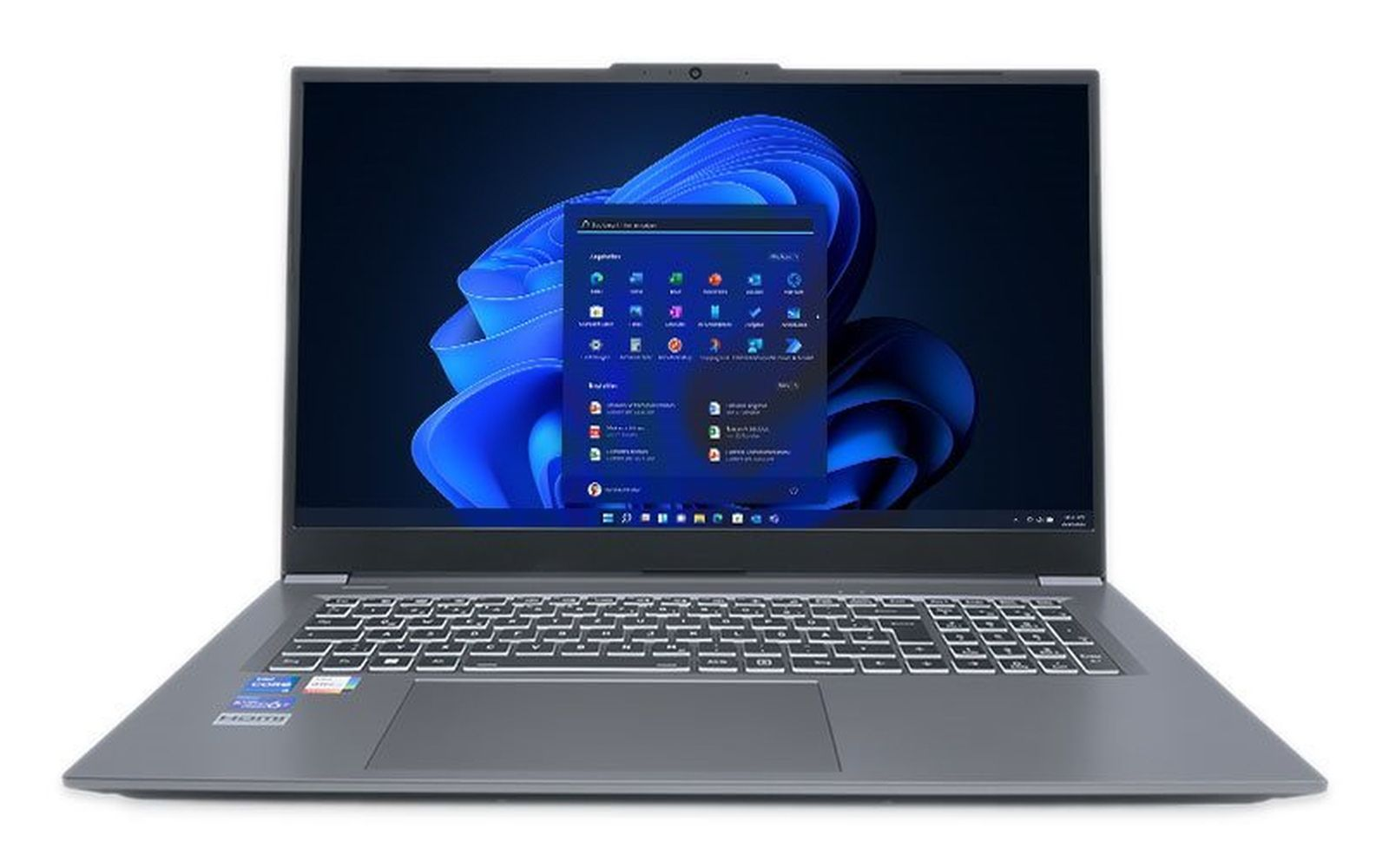 Szary laptop wyświetlający stylizowane niebieskie tło z otwartym menu.