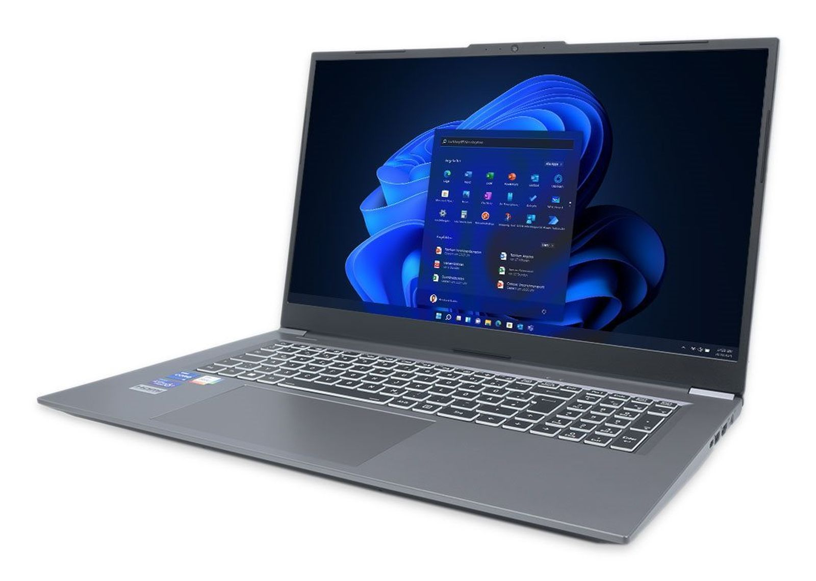 Szary laptop z niebieską tapetą na ekranie.