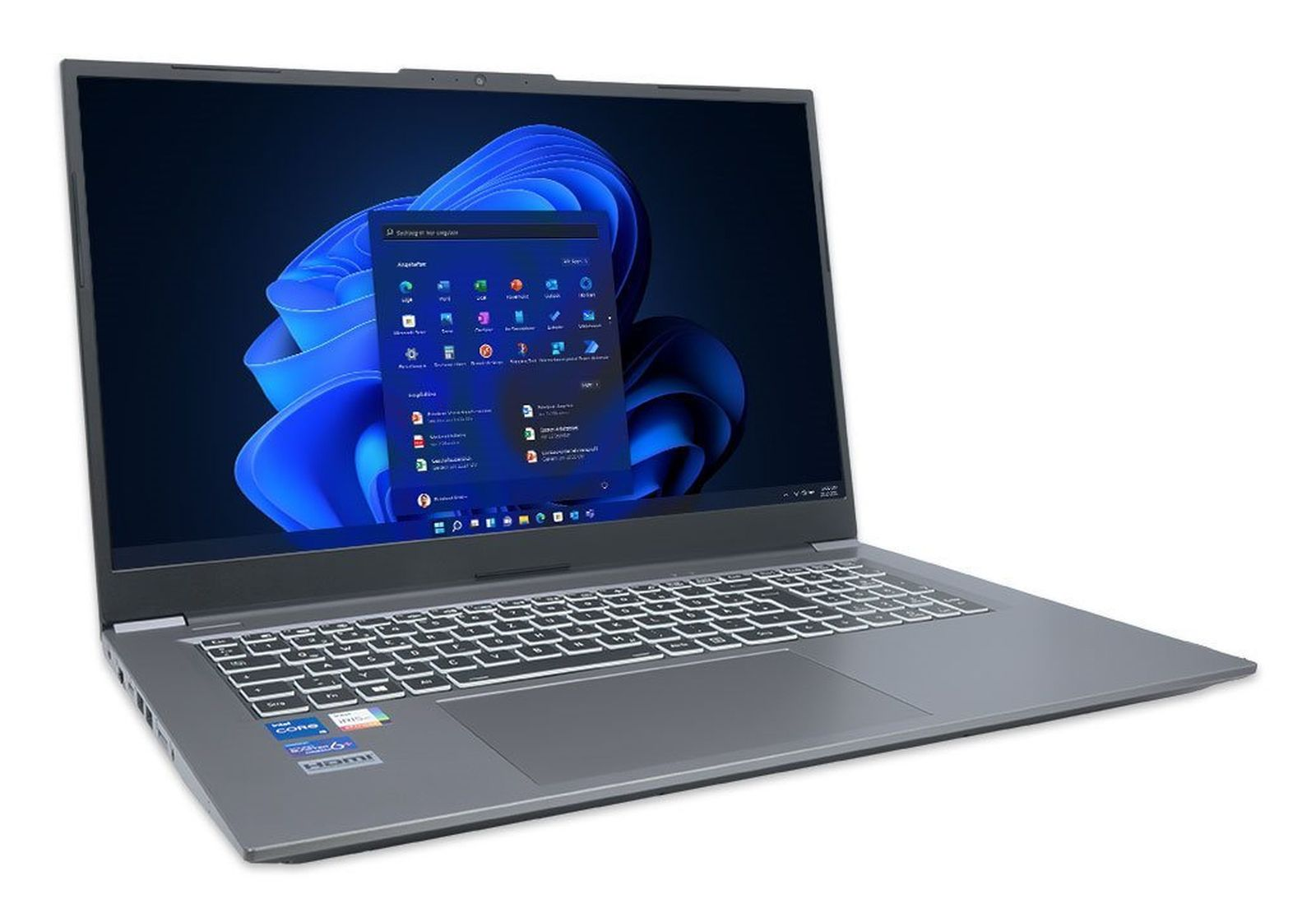 Szary laptop z podświetlaną klawiaturą i tłem Windows 11.