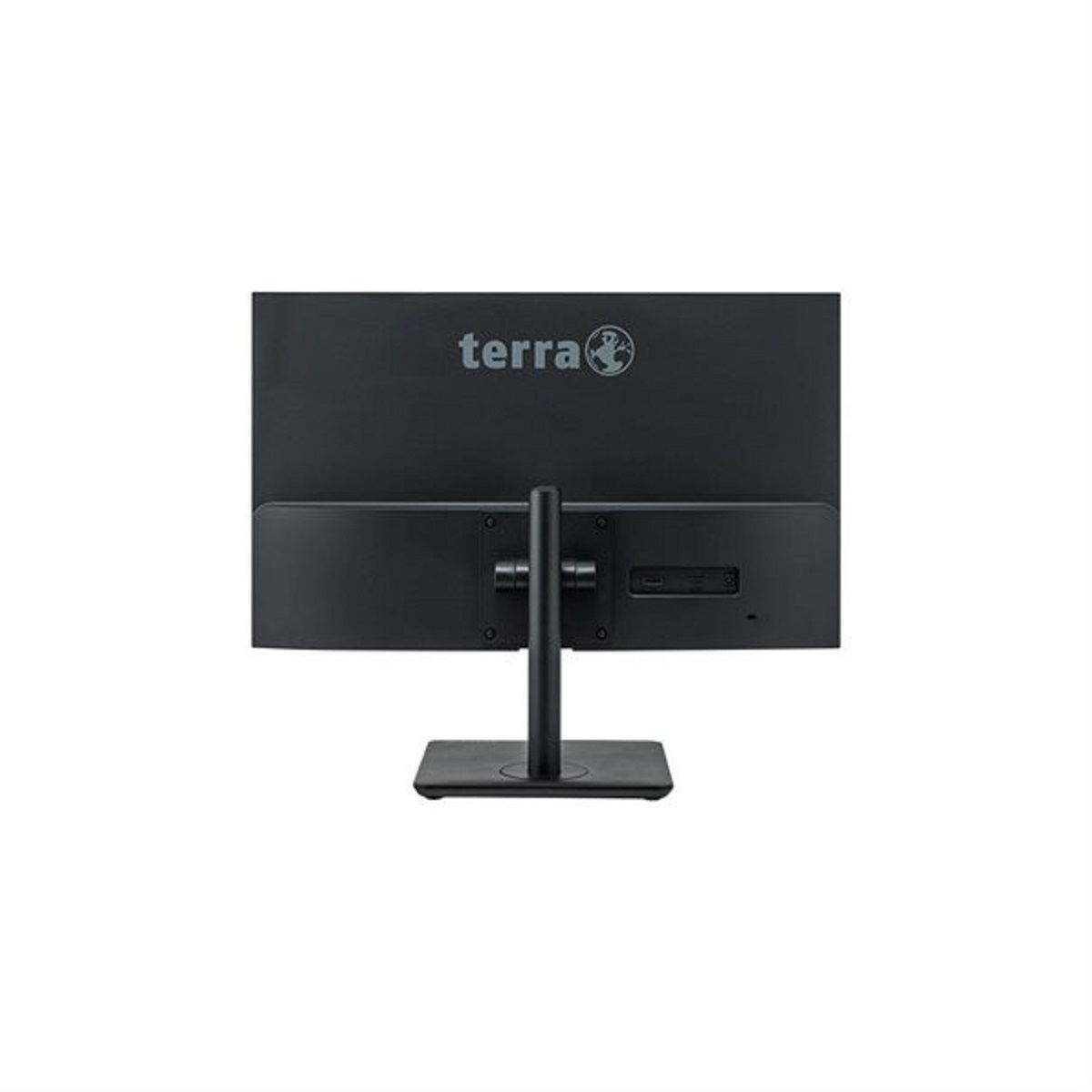 Parte trasera de un monitor negro con logo Terra y puertos.
