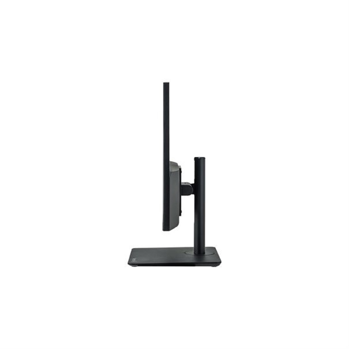Un monitor negro se alza sobre una base rectangular sobre fondo blanco.