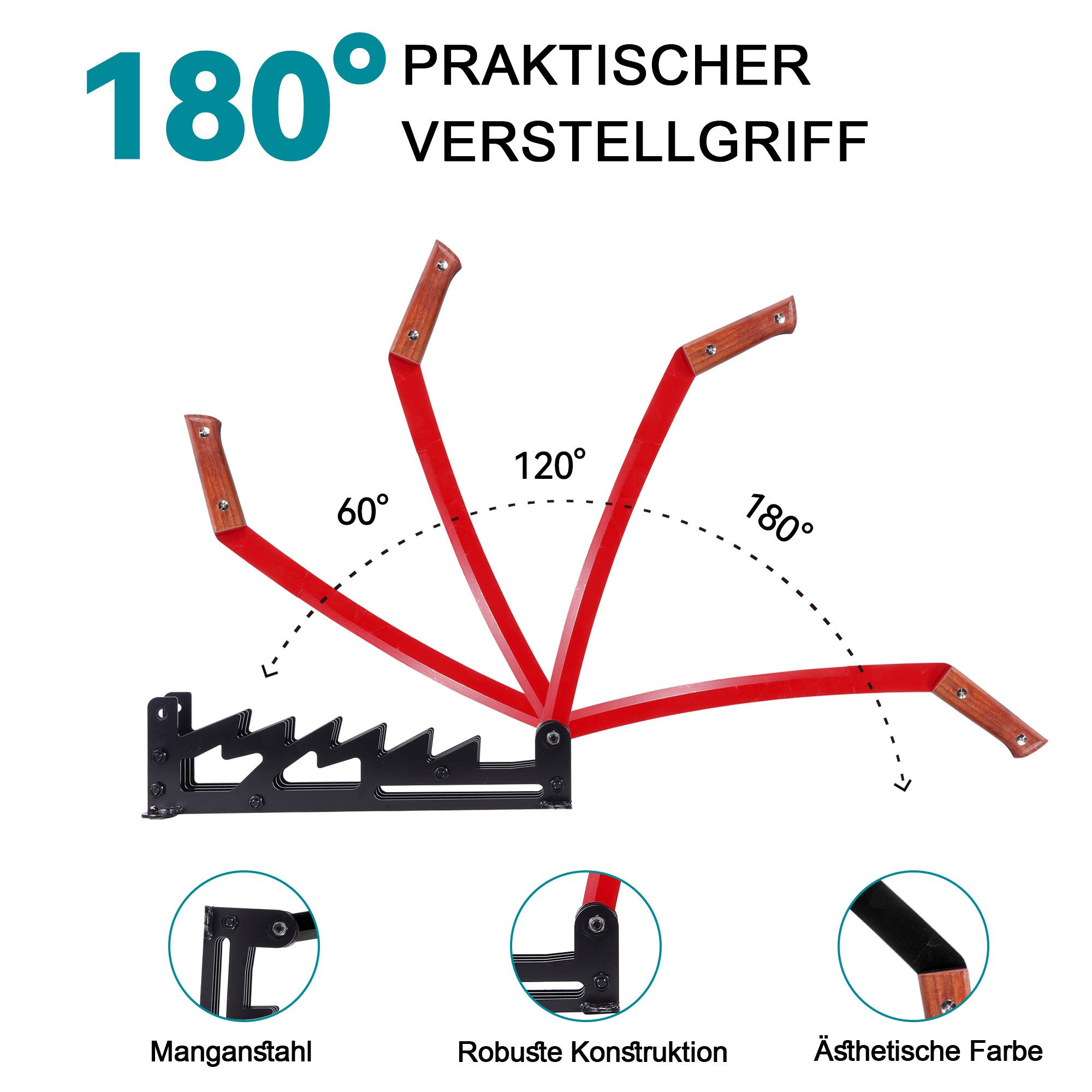 Praktischer 180° verstellbarer Griff mit Winkeln von 60°, 120° und 180°.