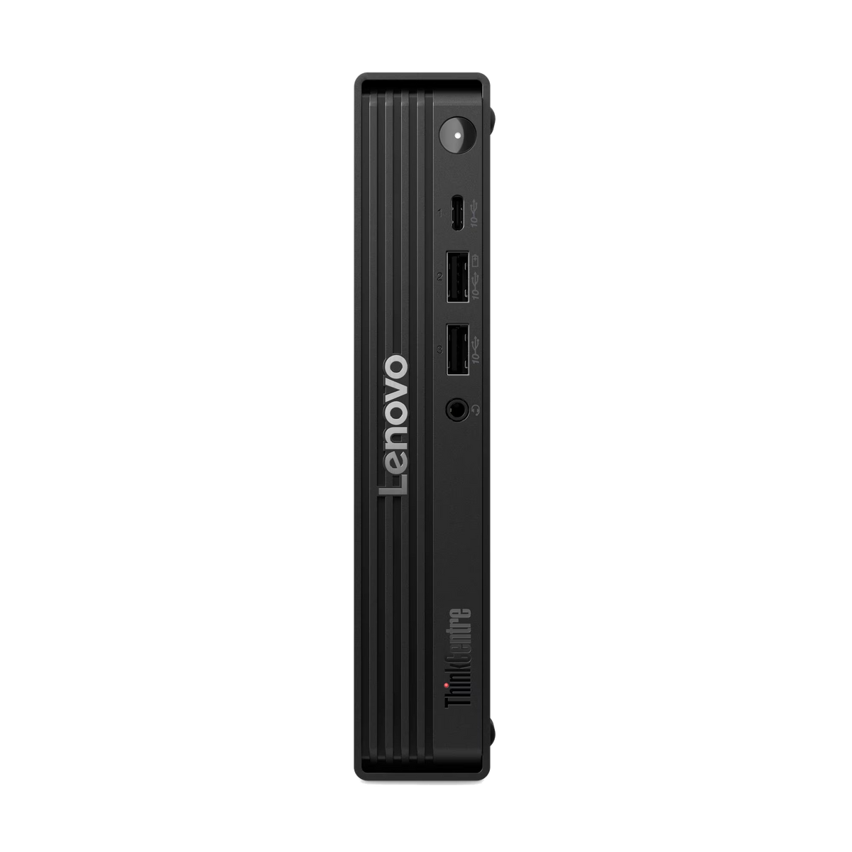 Mini PC Lenovo ThinkCentre nero con porte USB e pulsante di accensione.