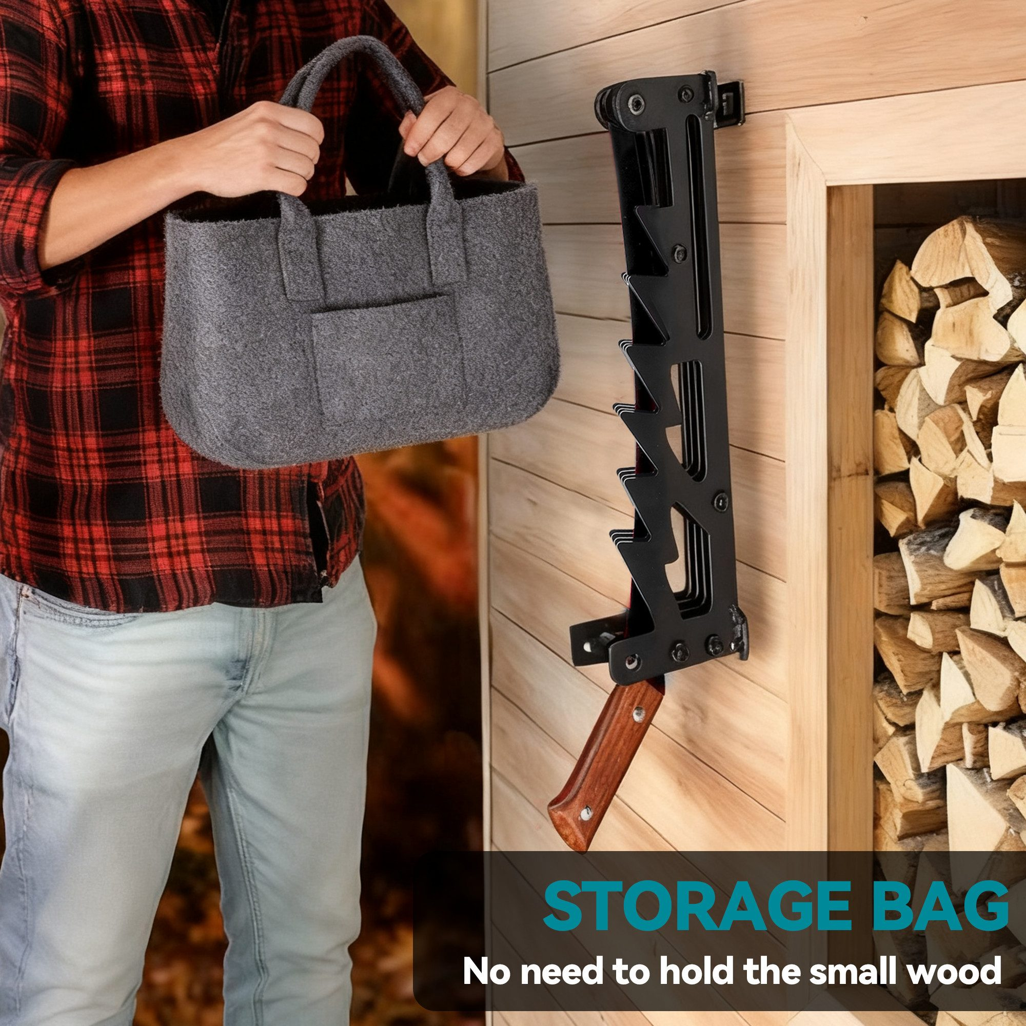 Mann hält graue Filztasche vor Holzstapel neben Holzspalter.