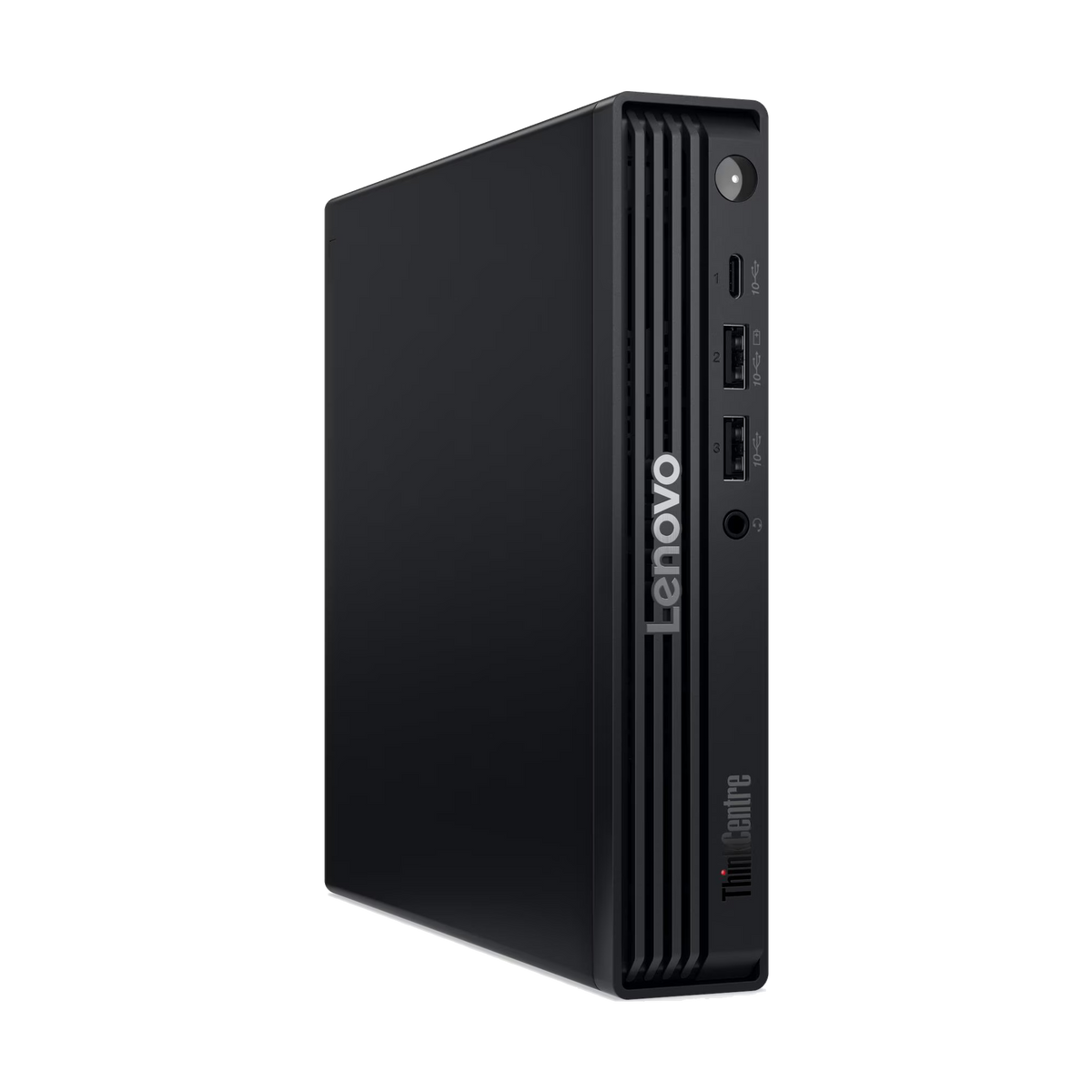Un mini PC nero Lenovo ThinkCentre con porte e logo.