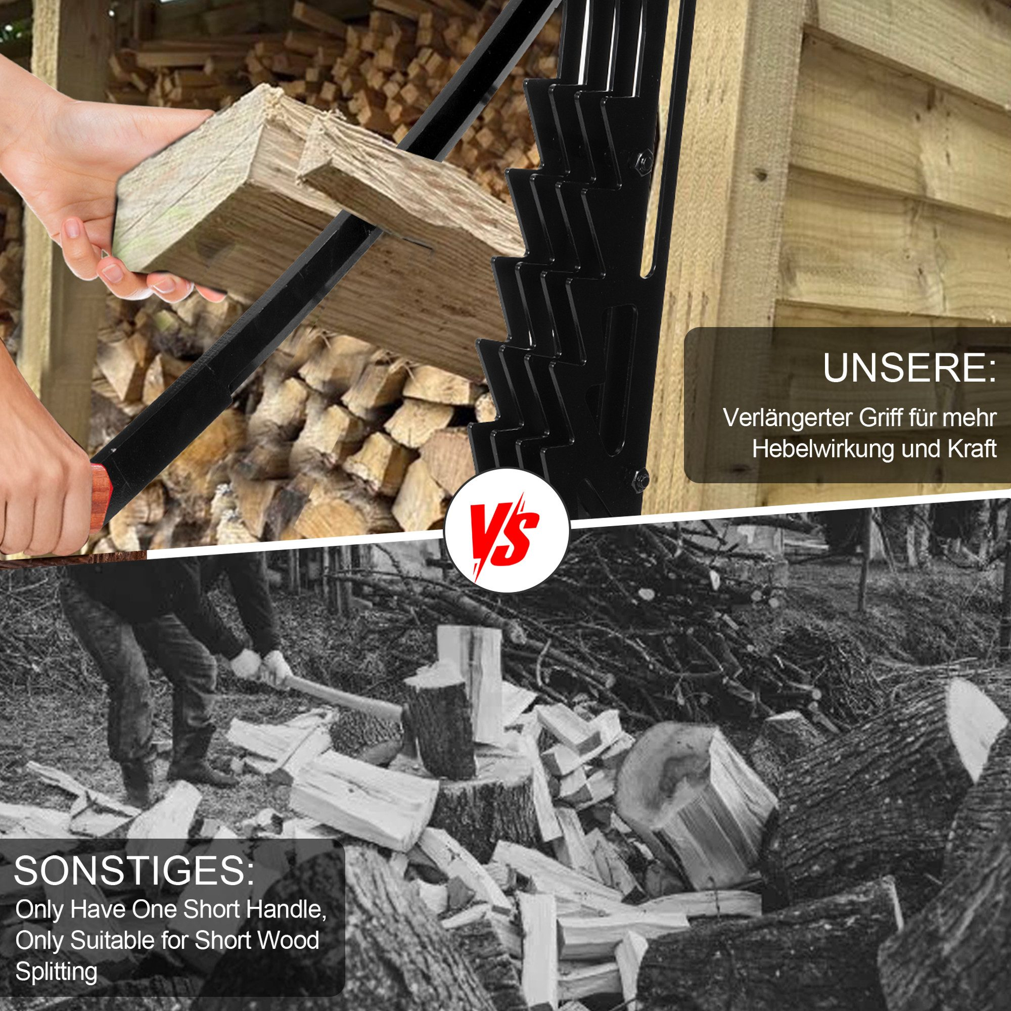 Holzspalter: Ein langer Griff für mehr Hebelwirkung und ein kurzer Griff für kurzes Holz.