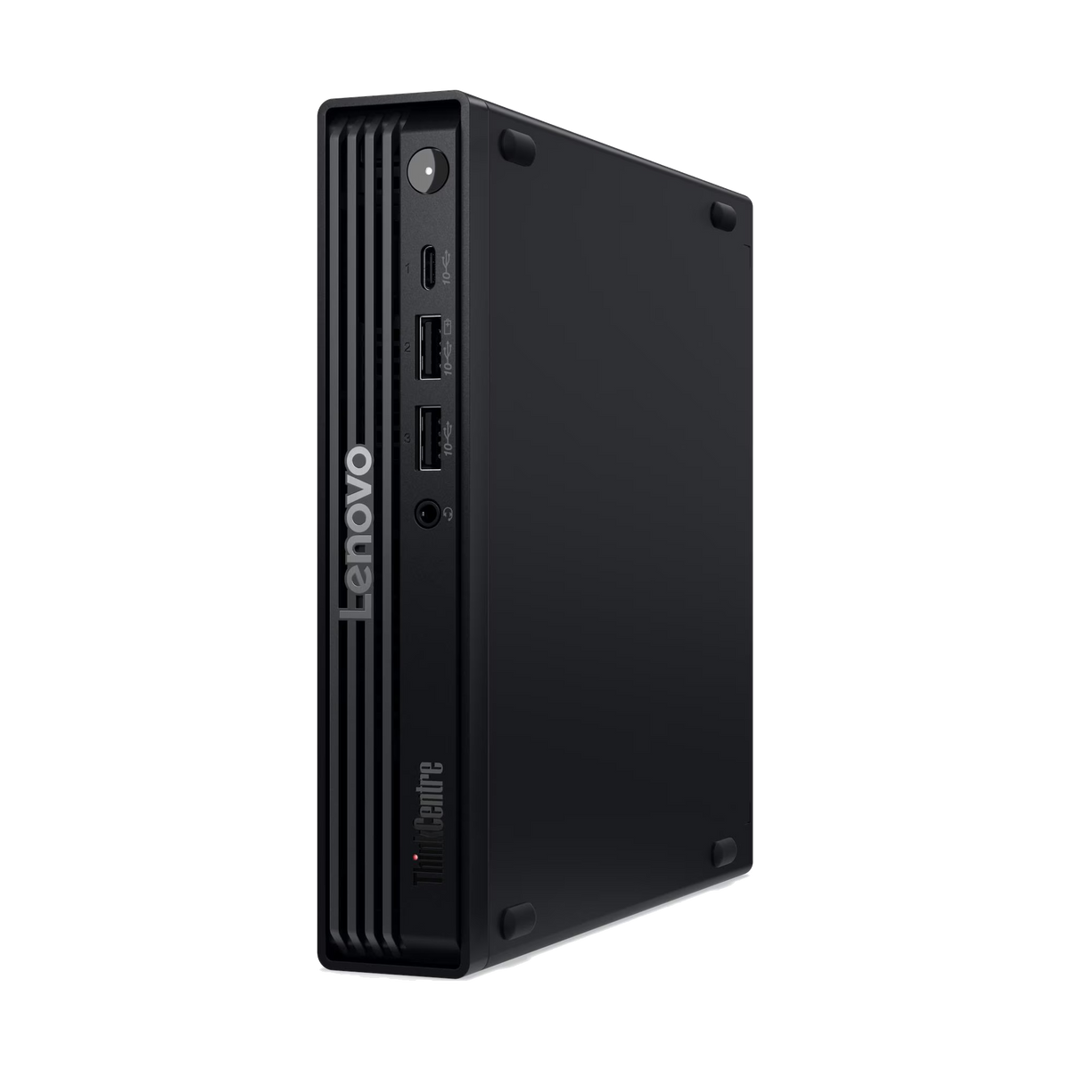 Mini PC Lenovo ThinkCentre nero con porte USB e pulsante di accensione.