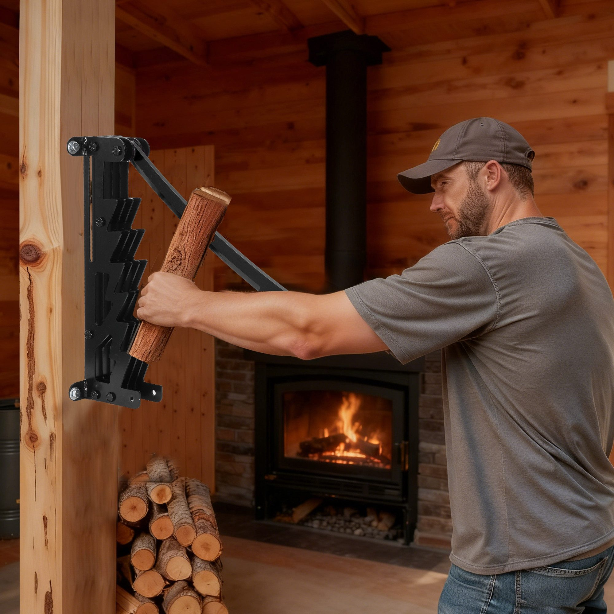 Mann spaltet Holz vor einem Kamin mit einem Holzspalter an einer Holzsäule.
