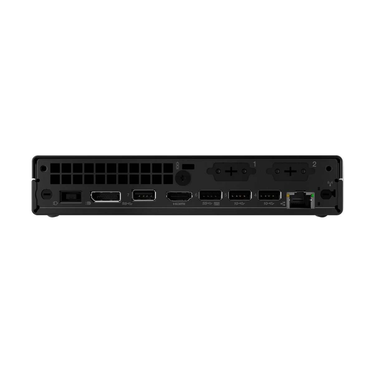 Vista posteriore di un mini PC nero con porte: USB-C, HDMI, USB-A, 10 Gbps ed Ethernet.