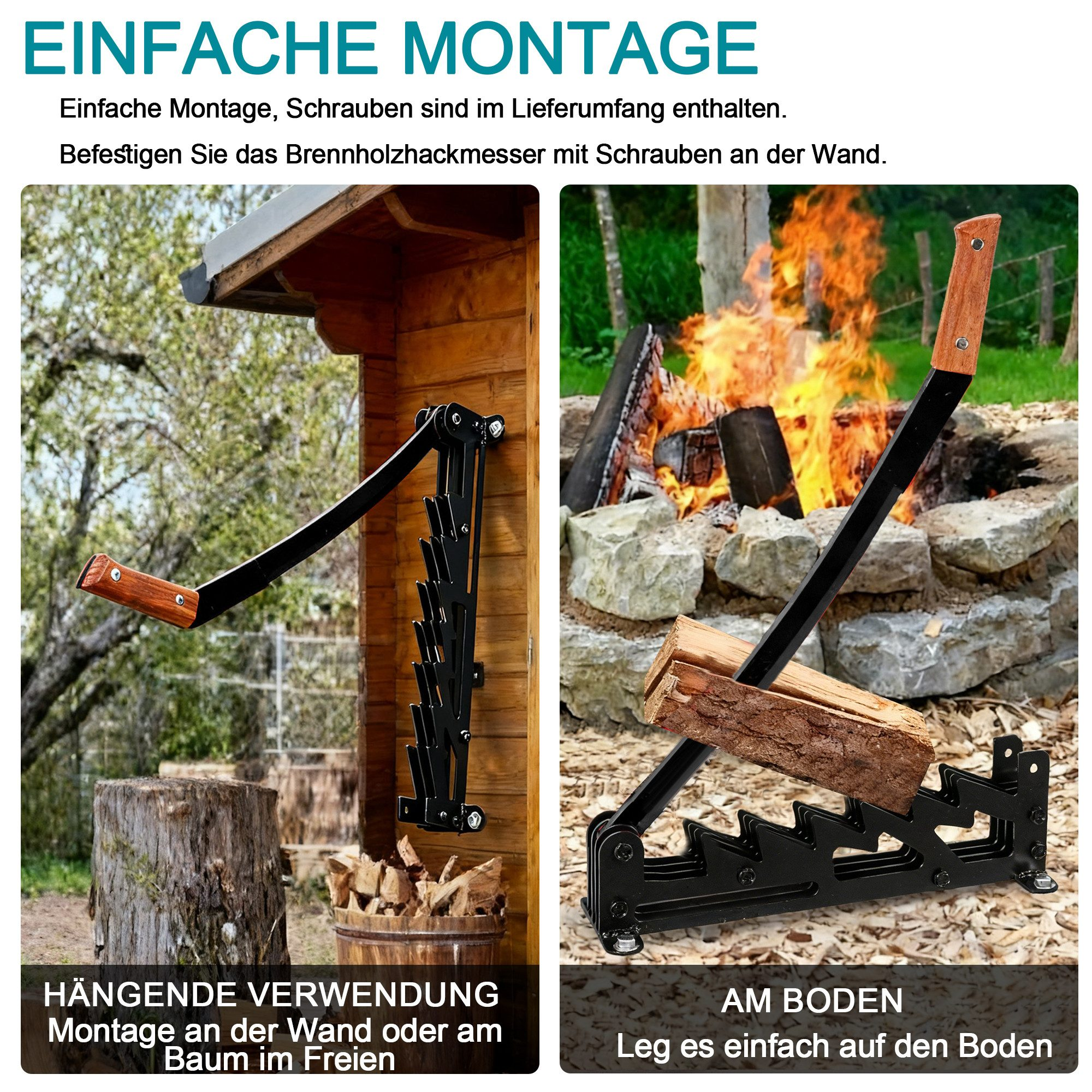 Holzspalter im Einsatz: an Wand montiert oder auf dem Boden liegend.