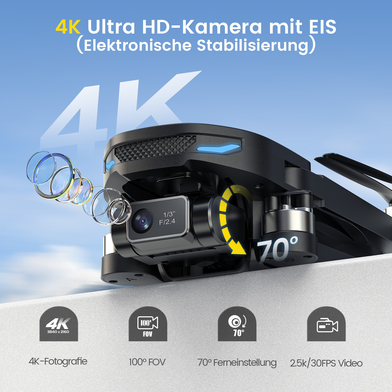Drohne mit 4K-Kamera, 70° Verstellbereich, EIS und 100° FOV.