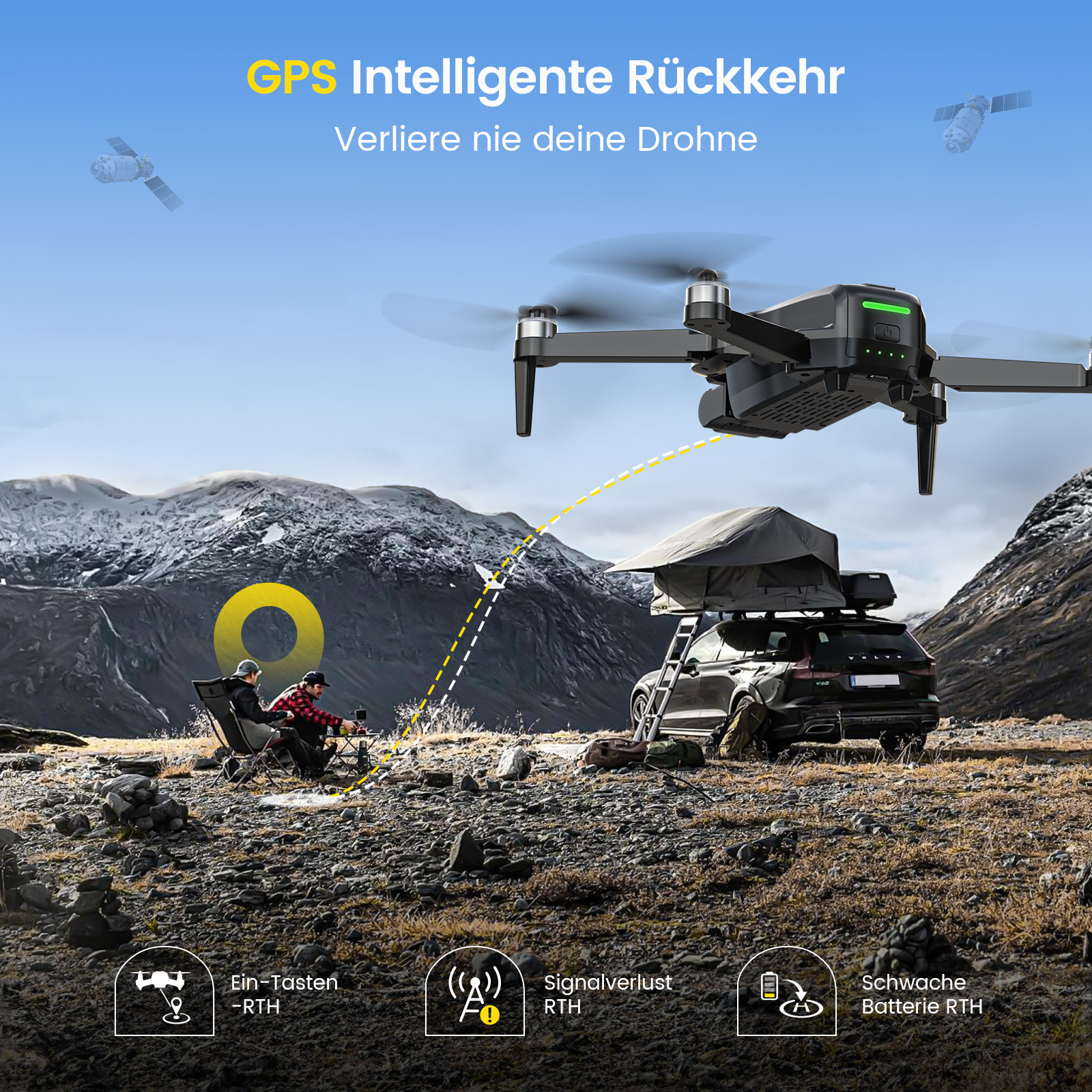 Drohne über Camper, Auto und Berglandschaft mit Satelliten im Himmel.