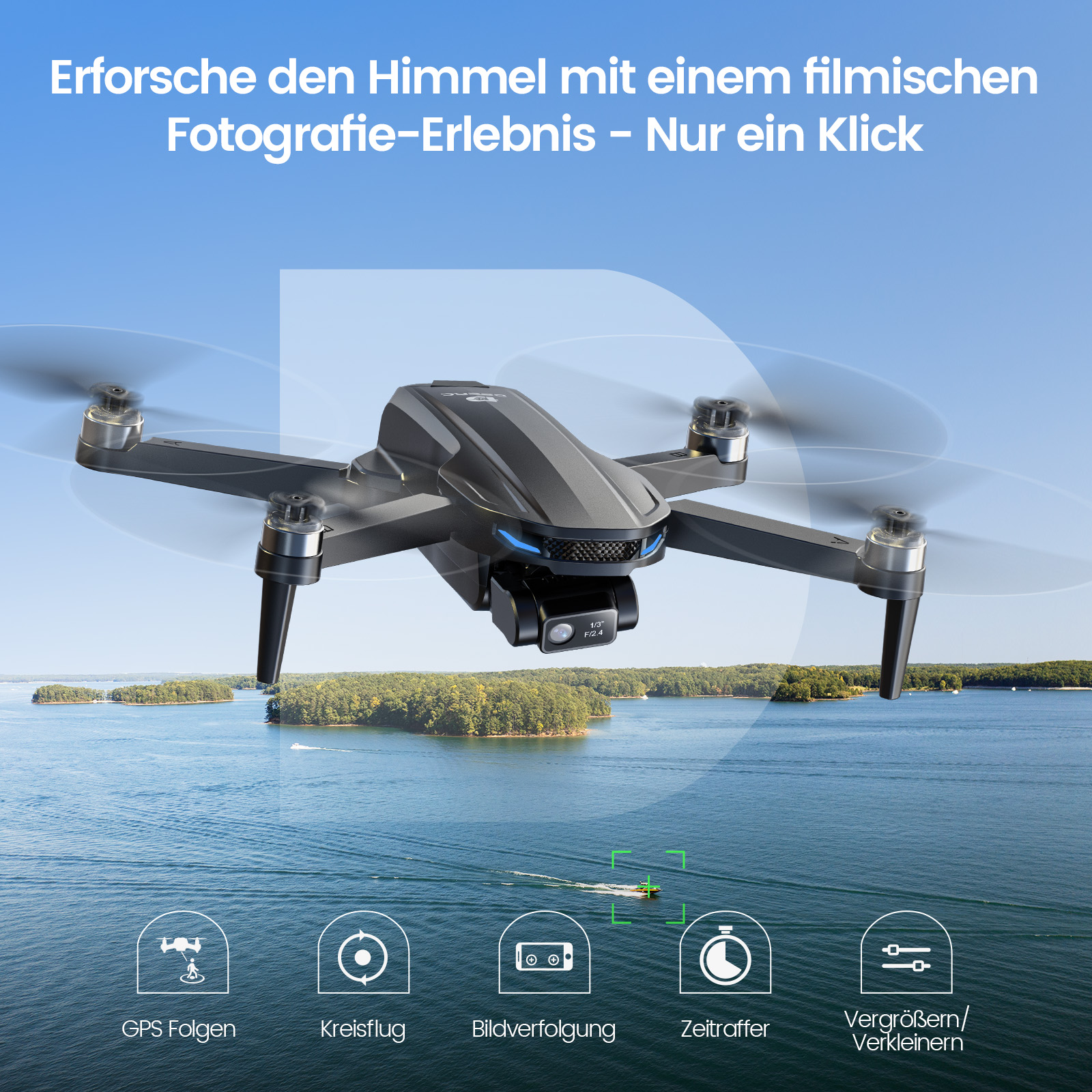 Ein schwarzer Drone schwebt über dem Wasser mit Inseln im Hintergrund. Icons zeigen Funktionen.