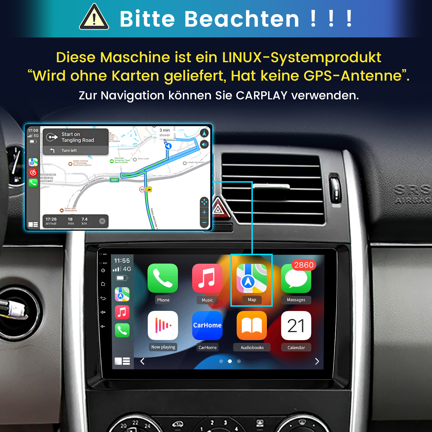 Auto-Navigationsbildschirm mit CarPlay-Oberfläche, zeigt Karte und Apps.