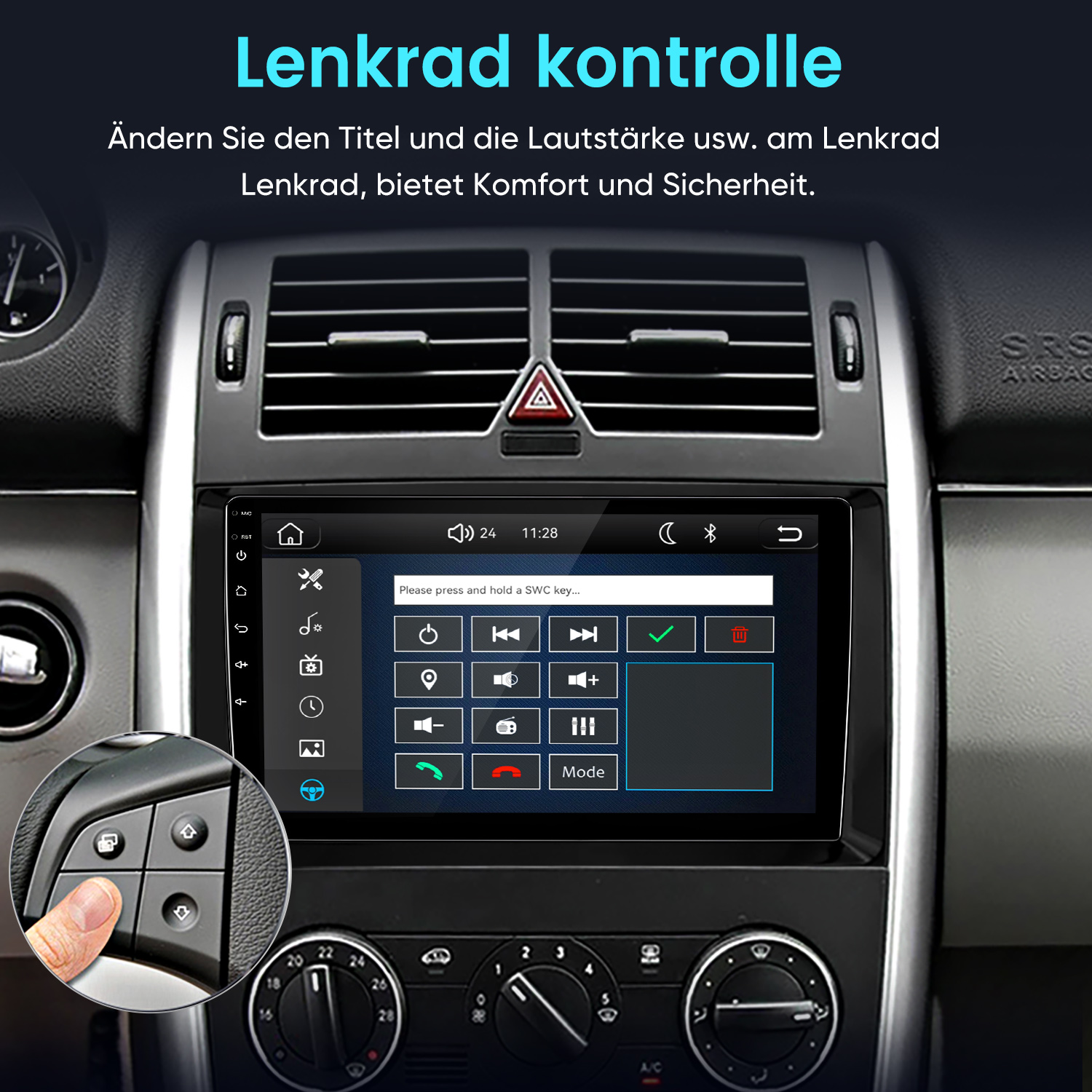 Bedienfeld eines Autos mit Touchscreen-Radio und Lenkradsteuerung.