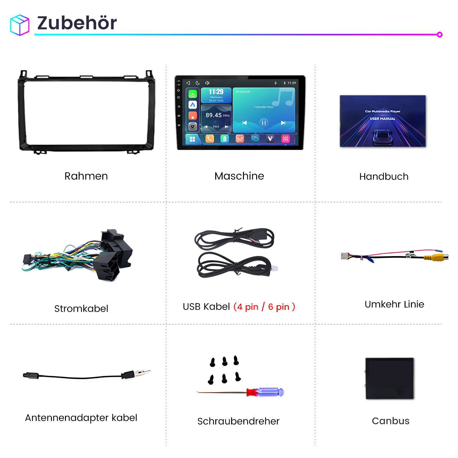 Zubehör: Rahmen, Maschine, Handbuch, Stromkabel, USB Kabel, Umkehr Linie, Antennenadapter, Schraubendreher, Canbus.