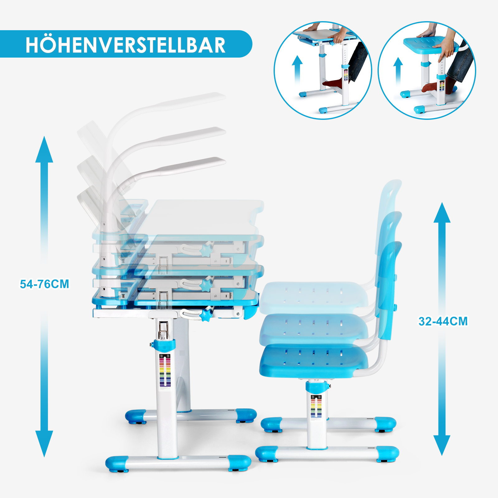 Höhenverstellbarer Schreibtisch und Stuhl für Kinder, mit Maßen von 54-76cm für den Tisch und 32-44cm für den Stuhl.