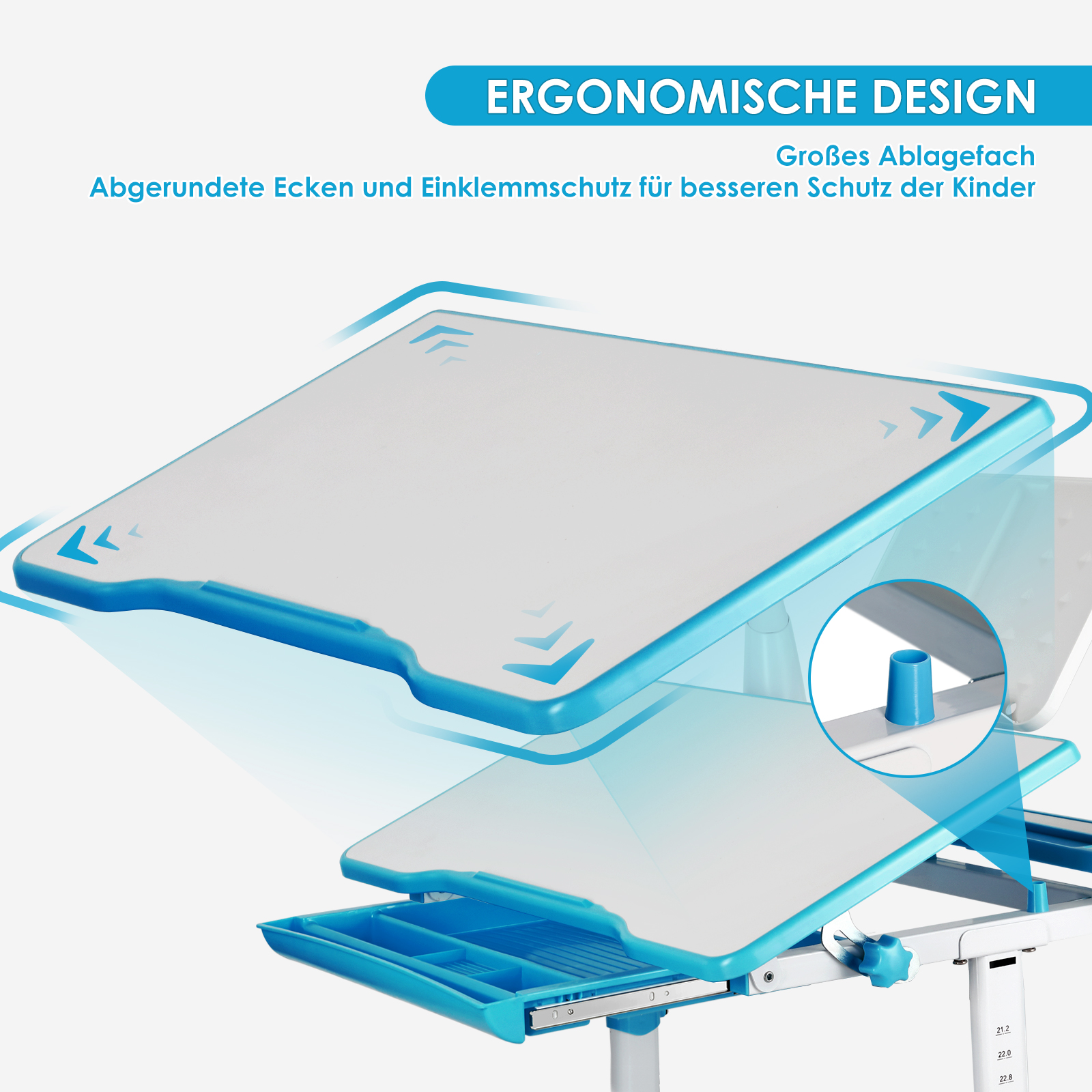 Ein verstellbarer Kinderschreibtisch mit blauen Akzenten und Schubladen.