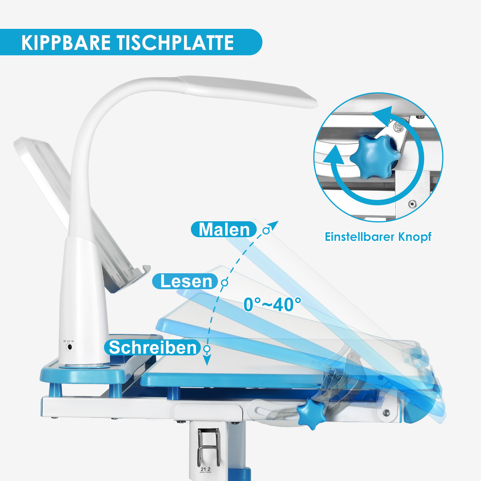 Neigbare Tischplatte mit verstellbarem Knopf, ideal zum Malen, Lesen oder Schreiben.