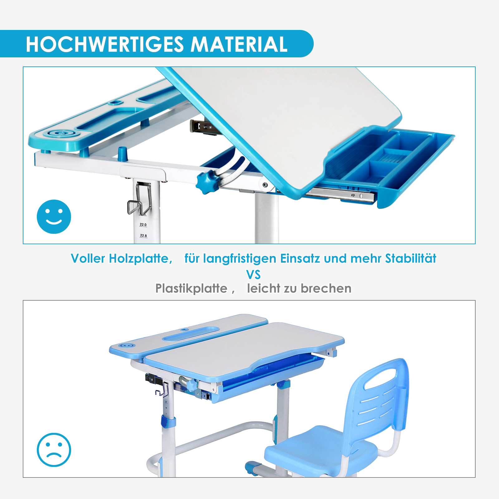 Ein höhenverstellbarer Schreibtisch in Blau und Weiß mit einer Schublade und einem Stuhl.