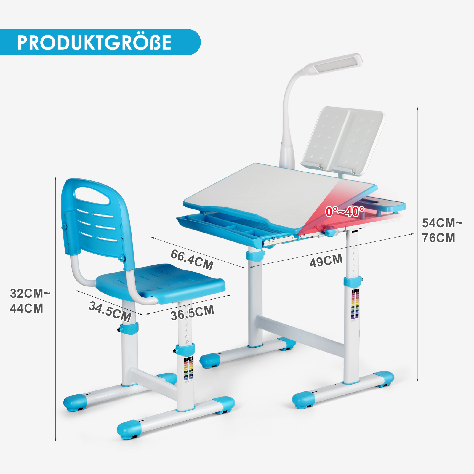 Ein blauer höhenverstellbarer Schreibtisch und Stuhl mit LED-Lampe.