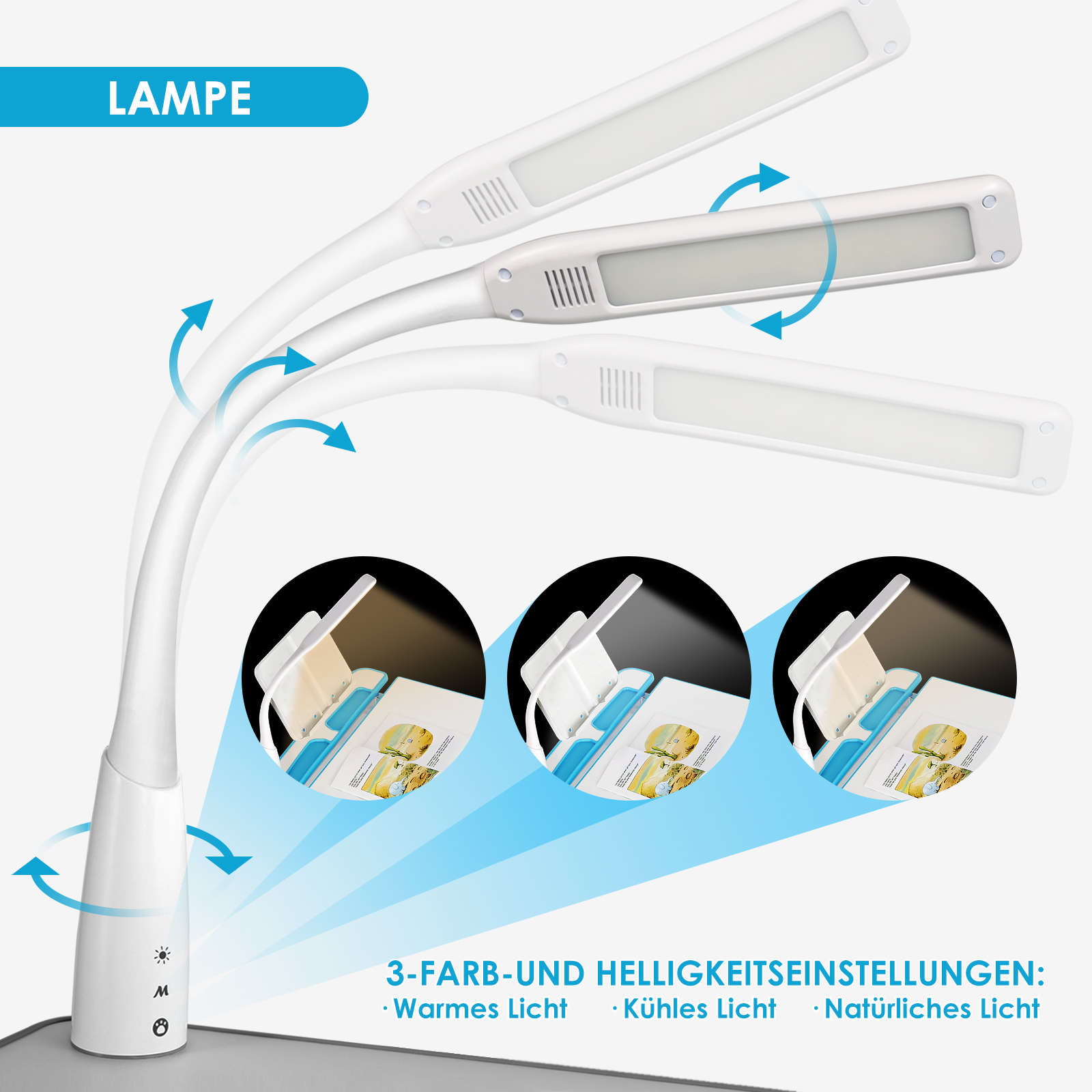 Eine weiße Schreibtischlampe mit flexiblen Armen und drei Lichtern.