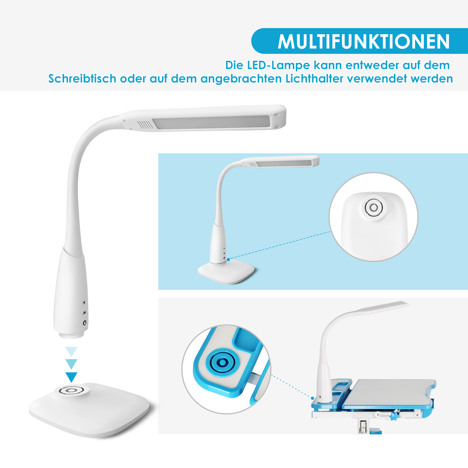 Weiße LED-Schreibtischlampe mit flexiblen Arm, Clip und Basis.