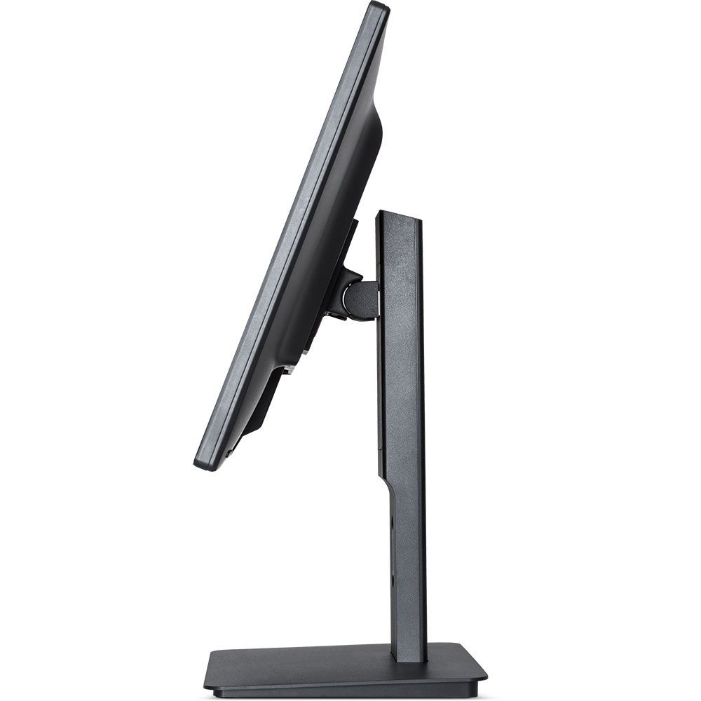 Vista laterale di un monitor per computer nero su un supporto, su sfondo bianco.