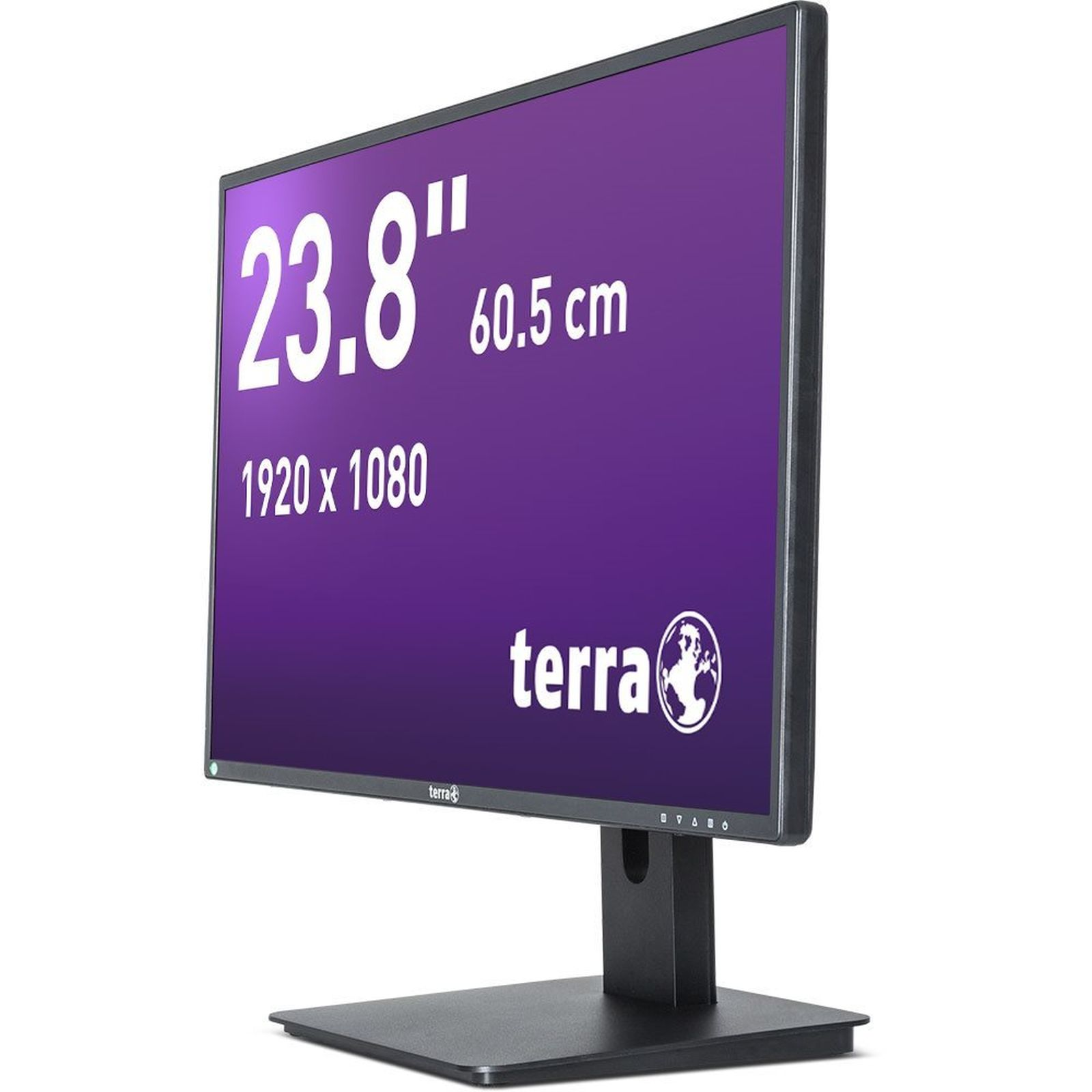 Un monitor da 23,8 pollici con risoluzione 1920x1080 su supporto nero.