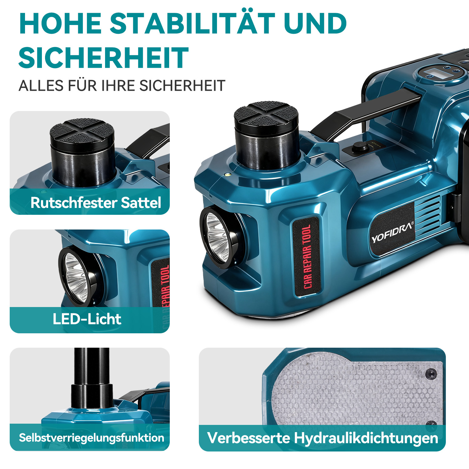 Ein blauer elektrischer Wagenheber mit LED-Licht, rutschfestem Sattel und verbesserter Hydraulik.