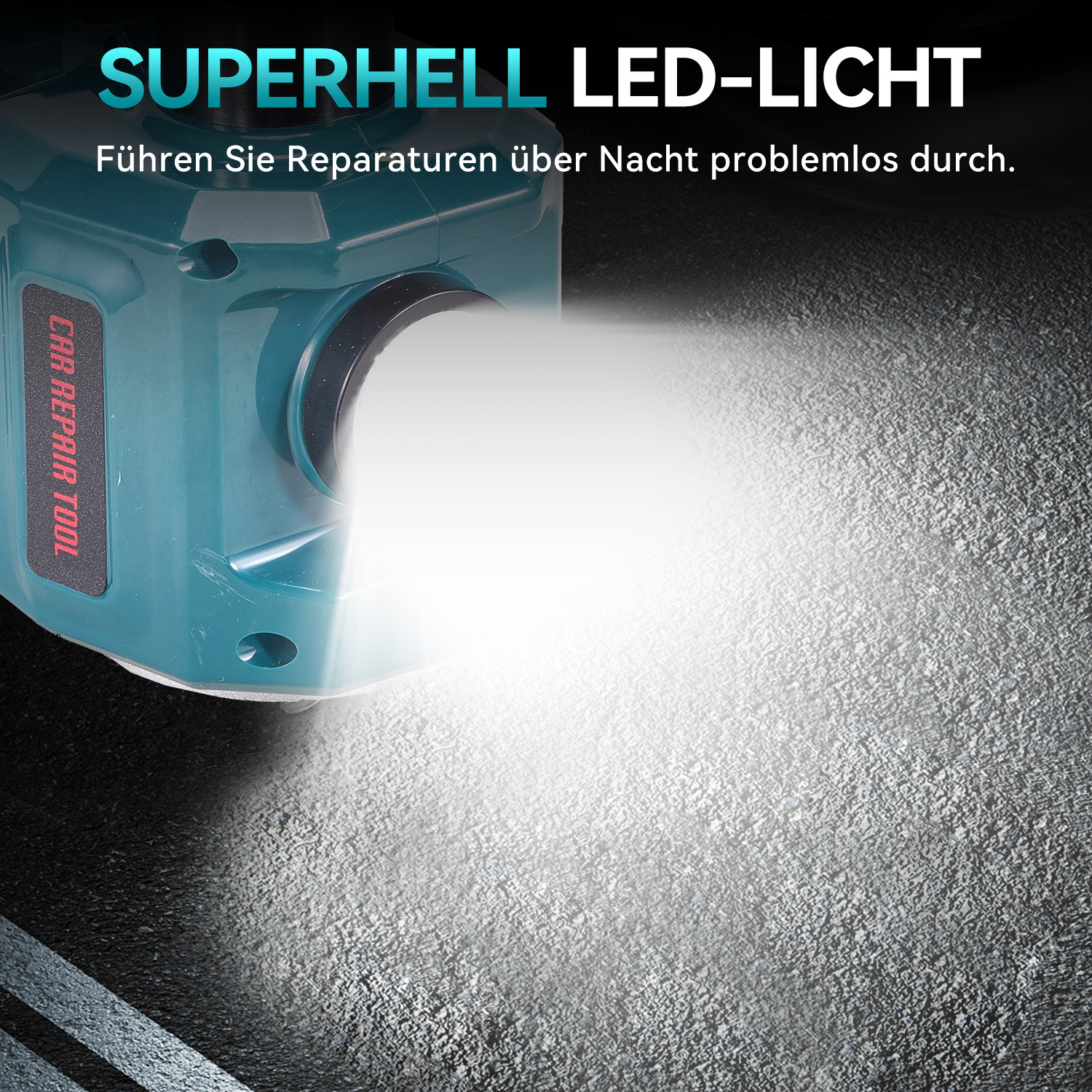 Ein türkisfarbener Wagenheber mit heller LED-Leuchte leuchtet auf Asphalt.