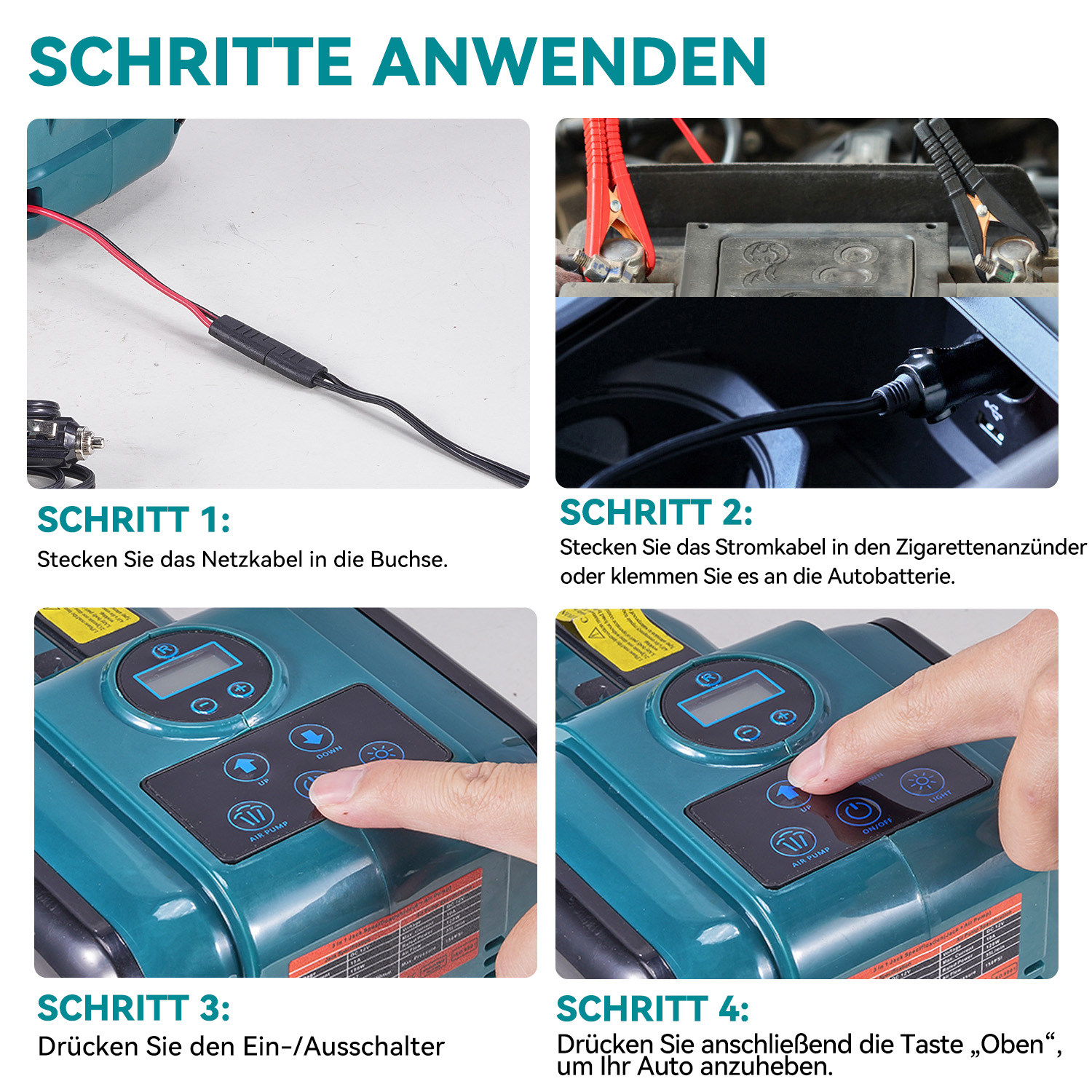 Schritte: Kabel einstecken, an Batterie/Zigarettenanzünder anschließen, Knopf drücken.