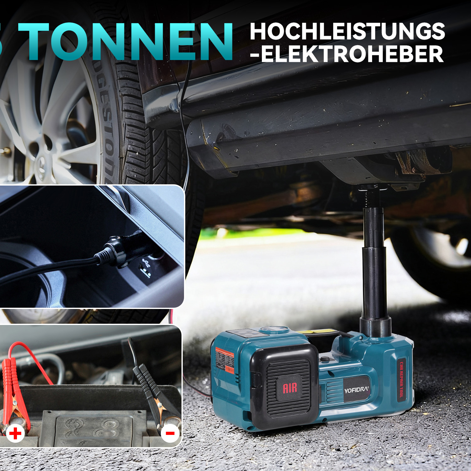 Ein blauer elektrischer Wagenheber hebt ein Auto an. Nahaufnahmen zeigen das Anschließen des Geräts und einer Autobatterie.