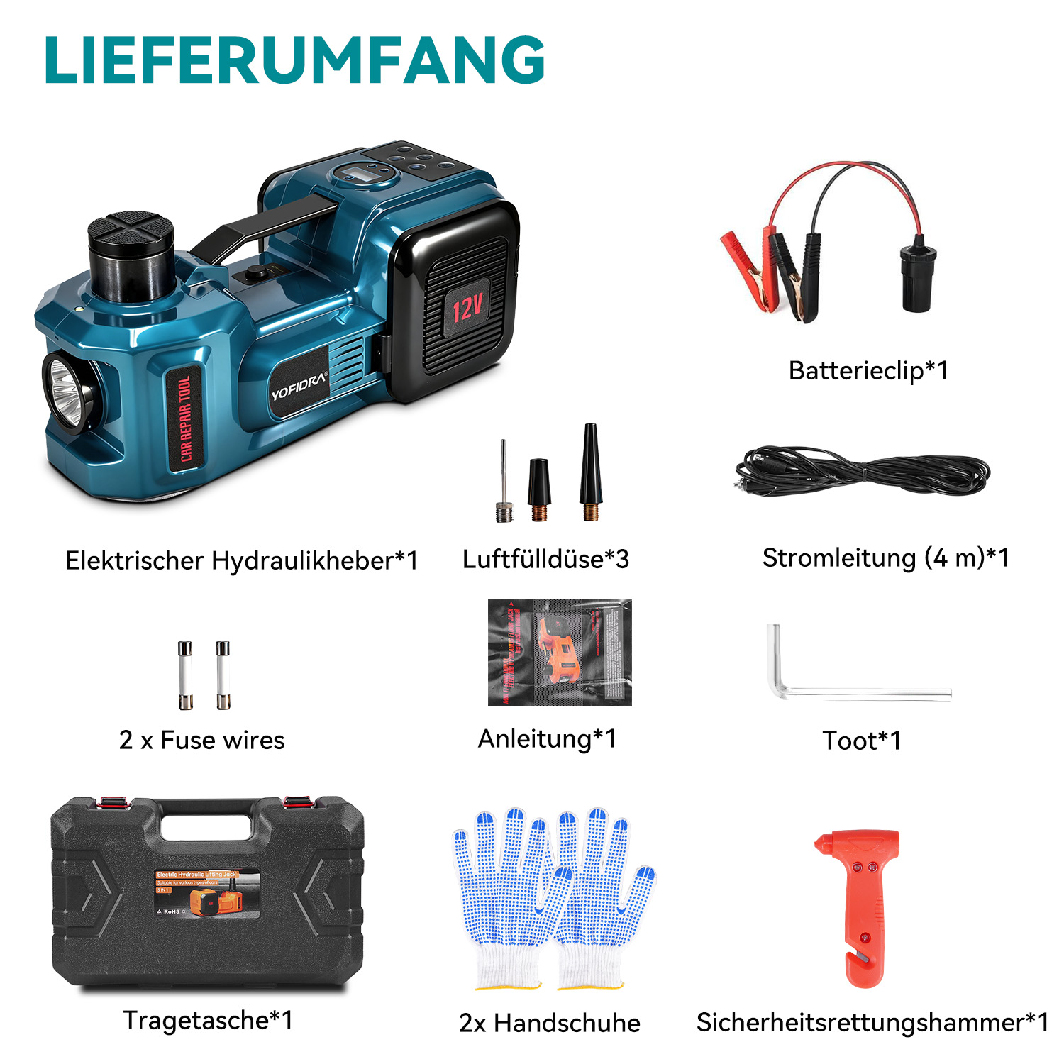 Ein 12V elektrischer Hydraulikheber mit Zubehör: Batterieclips, Kabel, Werkzeug, Handschuhe, Hammer.