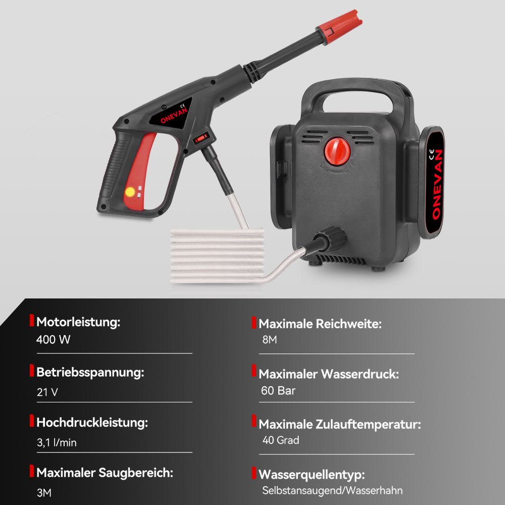 Ein Hochdruckreiniger mit Sprühpistole und Hauptgerät. Technische Daten sind aufgelistet.
