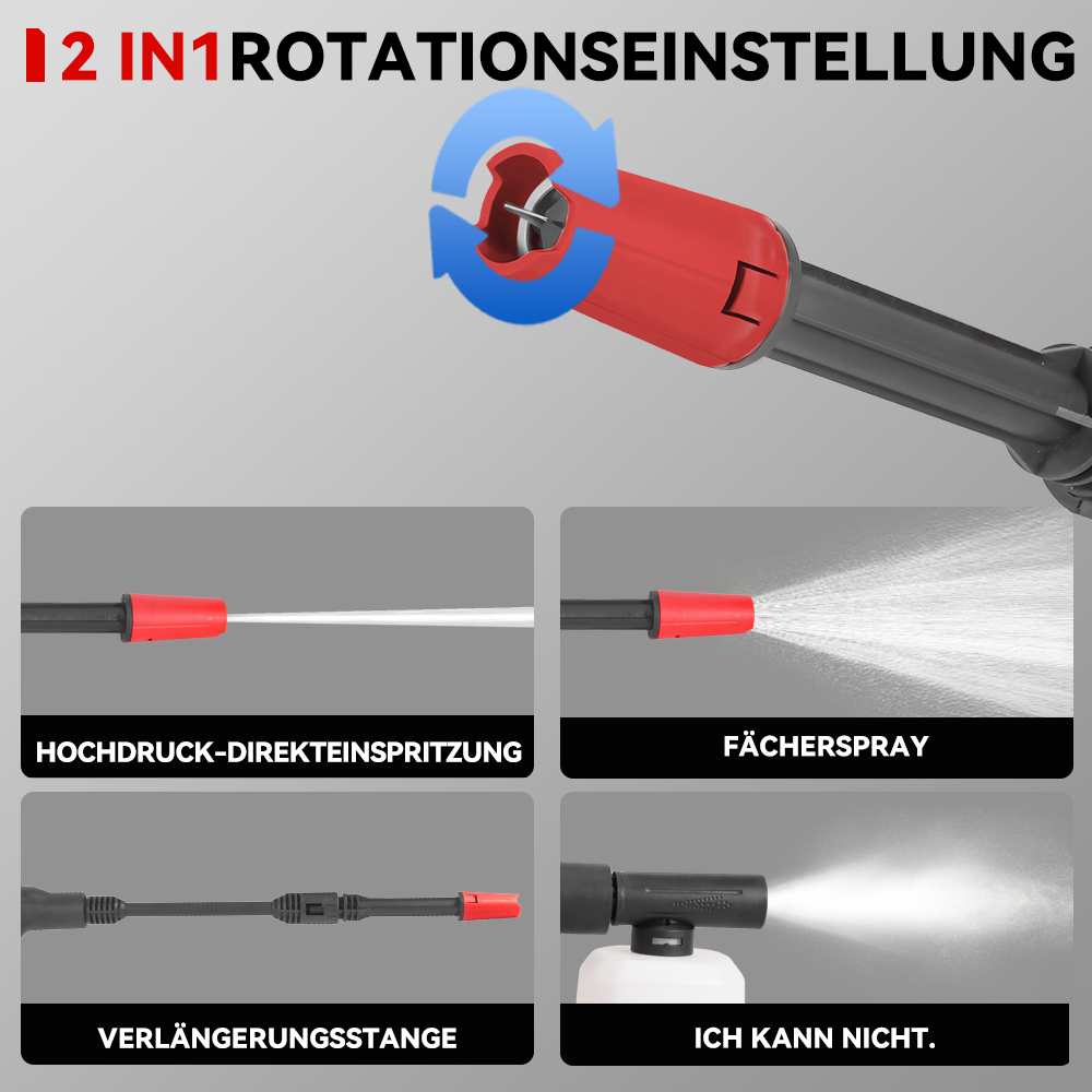 Ein Hochdruckreiniger-Aufsatz mit Rotationsfunktion und vier Sprühmodi: Direktstrahl, Fächer, Verlängerung und Schaum.