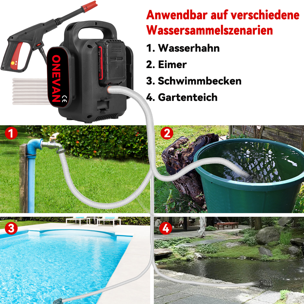 Ein Wassermobil mit Schlauch, das Wasser aus verschiedenen Quellen zieht.