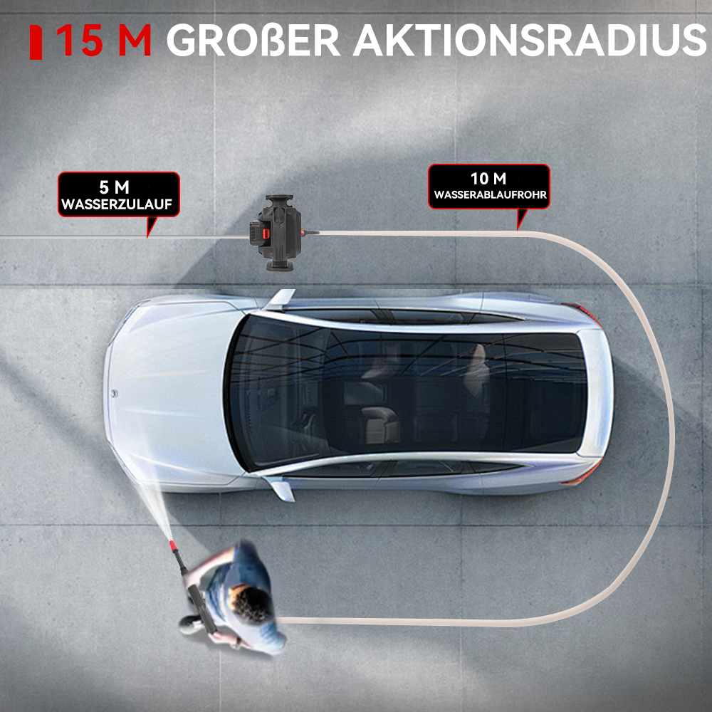 Ein Mann reinigt ein Auto mit einem Hochdruckreiniger. 15m Aktionsradius.