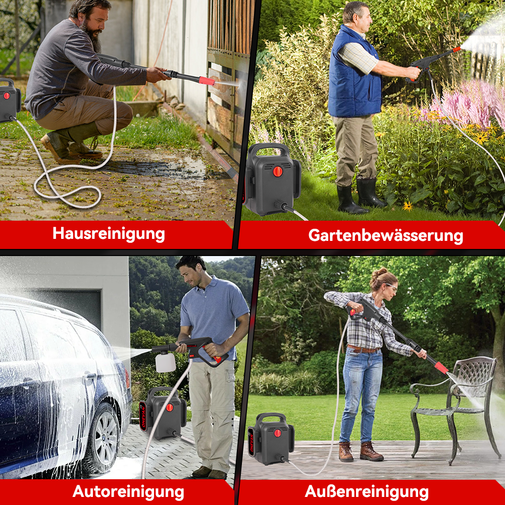 Vier Szenen: Mann reinigt Haus, Mann wässert Garten, Mann wäscht Auto, Frau reinigt Stuhl.
