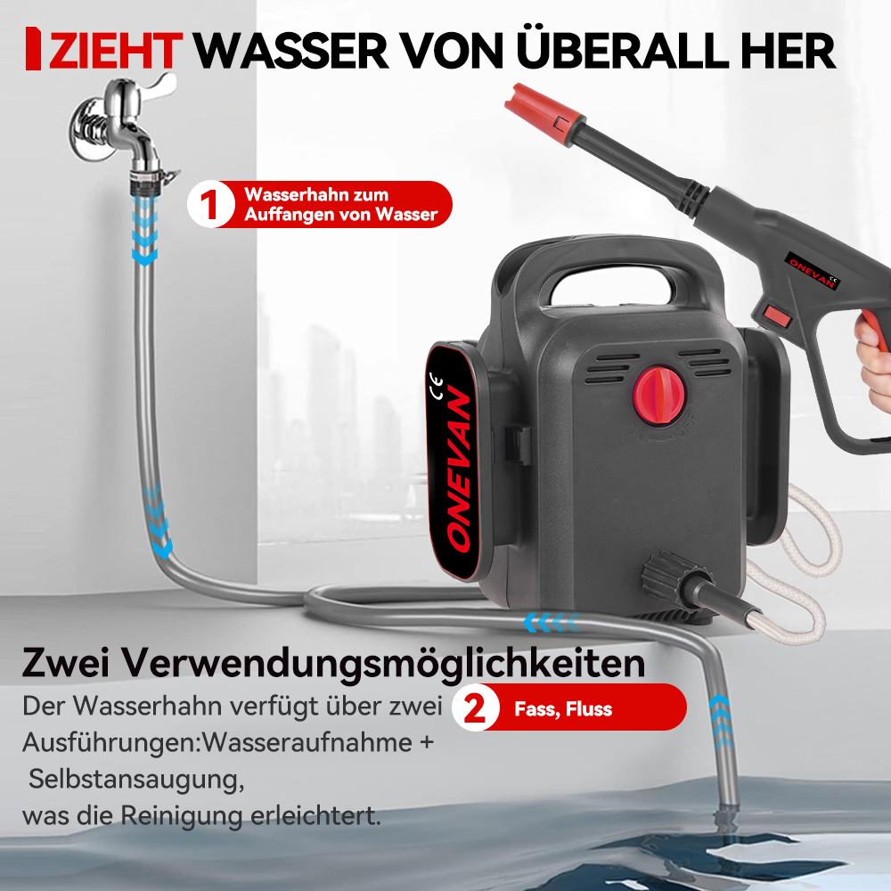 Ein Wassersystem mit Pumpe, Schlauch, Wasserhahn und Sprühpistole.