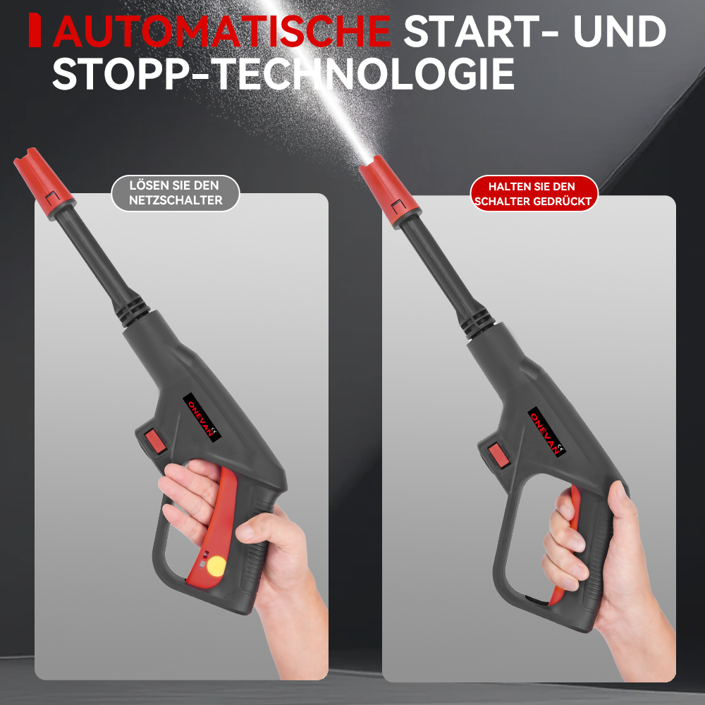 Zwei Hände halten einen schwarzen Spritzpistolenabzug. Links mit rotem Griff, rechts mit gelbem Knopf.