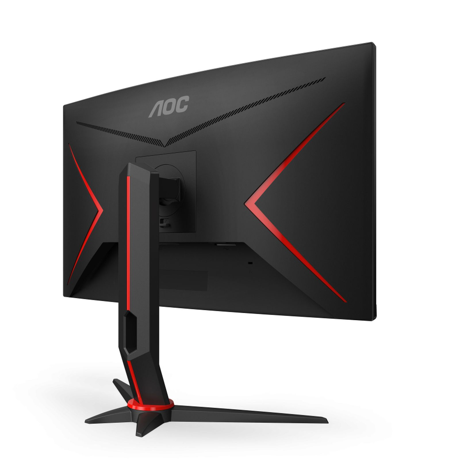 Retro di un monitor AOC nero con accenti rossi e un supporto robusto.