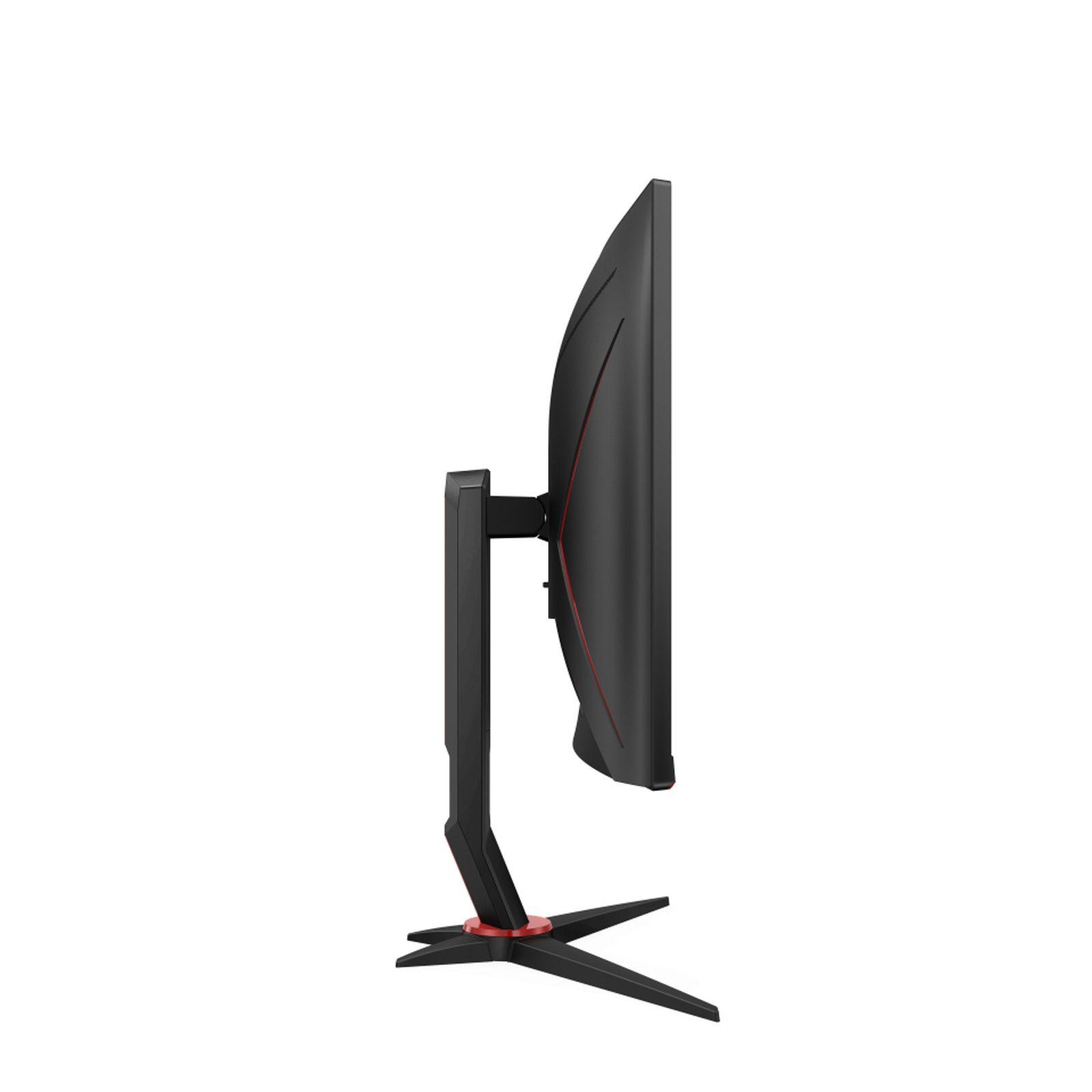 Monitor gaming nero con accento rosso, visto di lato, su base a forma di stella.