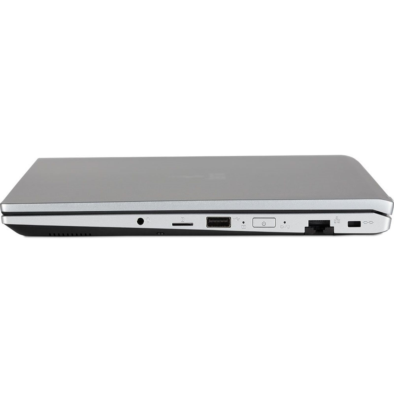 Seitenansicht eines geschlossenen silbernen Laptops mit Anschlüssen.